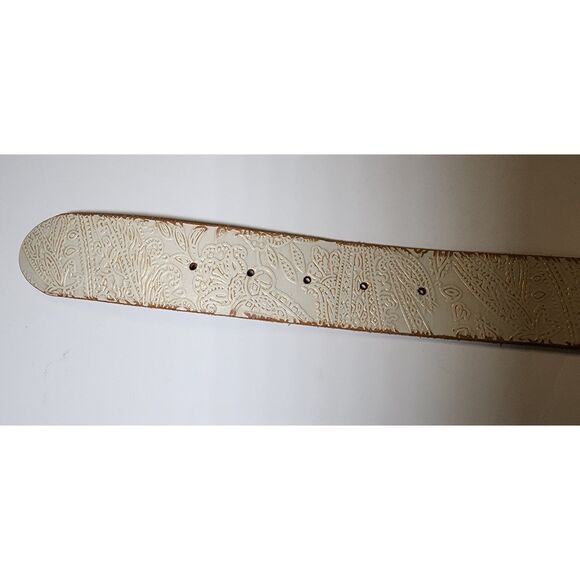 Vintage Fossil Genuine Leather Belt White Tooled Leather Rhinestone Buckle - Picture 10 of 11